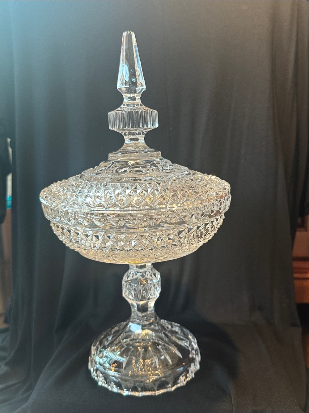 Vintage Clear Cut Glass Covered Compote